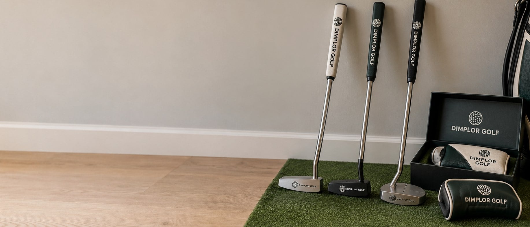 Custom engraved putters leaning on a grey wall over a putting-green mat with a headcover and an open gift box